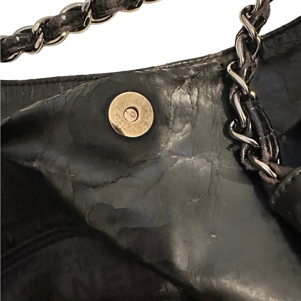 CHANEL Black Quilted Patent Leather Chain Tote with CC Charm - Picture 10 of 16
